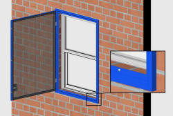 Surface Mount Used when you want to mount onto the face of the window or into the face of the brick when 2 1/2" inches of reveal is not present. Side-hinged with single point release. Exterior access (i.e. camlocks) and panic paddles available. All fasteners are concealed.